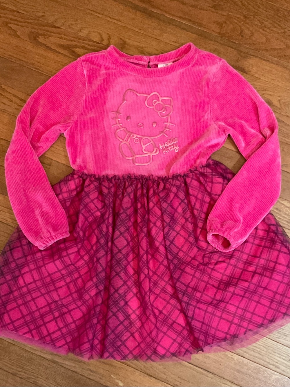 Hello Kitty Hot Pink Velour Bodice Plaid Tulle Skirt Dress Size Medium 7-8